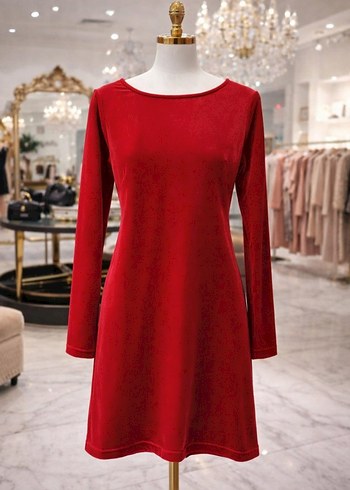 Uzun Kollu Kırmızı Süet Midi Elbise - Görsel 4