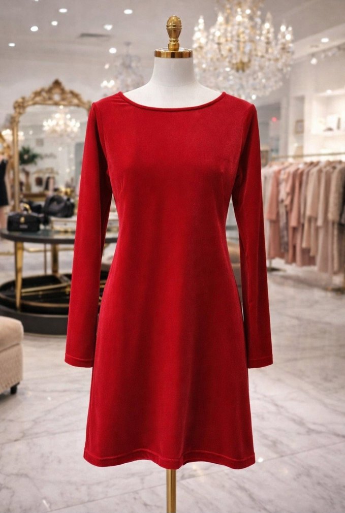 Uzun Kollu Kırmızı Süet Midi Elbise - Görsel 4