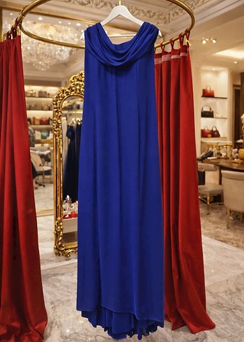 Drapeli Lacivert Uzun Abiye Elbise - Görsel 3