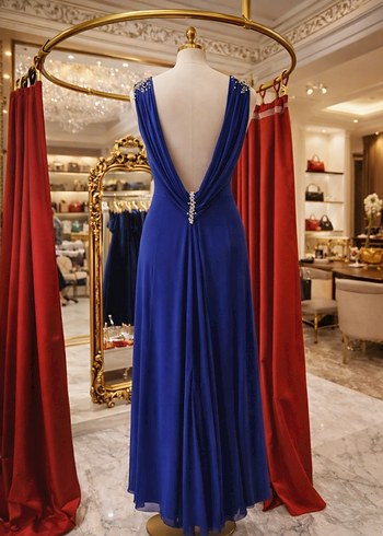 Drapeli Lacivert Uzun Abiye Elbise - Görsel 2