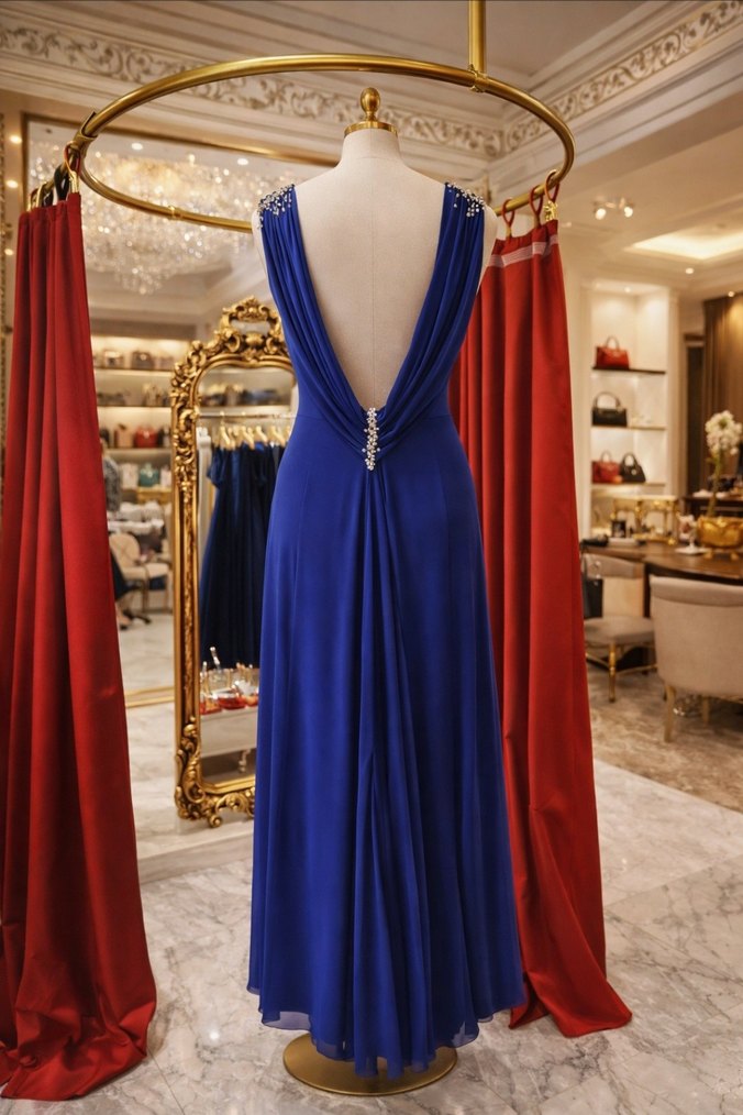 Drapeli Lacivert Uzun Abiye Elbise - Görsel 2