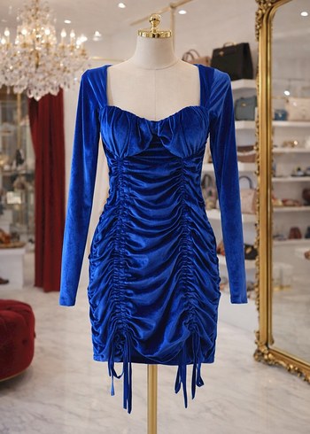 Parlak Mavi Straplez Drapeli Mini Elbise - Görsel 2