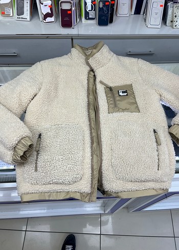 Bej Yüksek Yakalı Erkek Peluş Ceket - Görsel 2