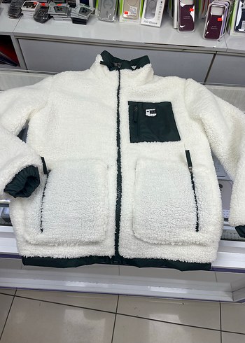 Uzun Kollu, Yüksek Yakalı Erkek Gri-Beyaz Polar Ceket - Görsel 2