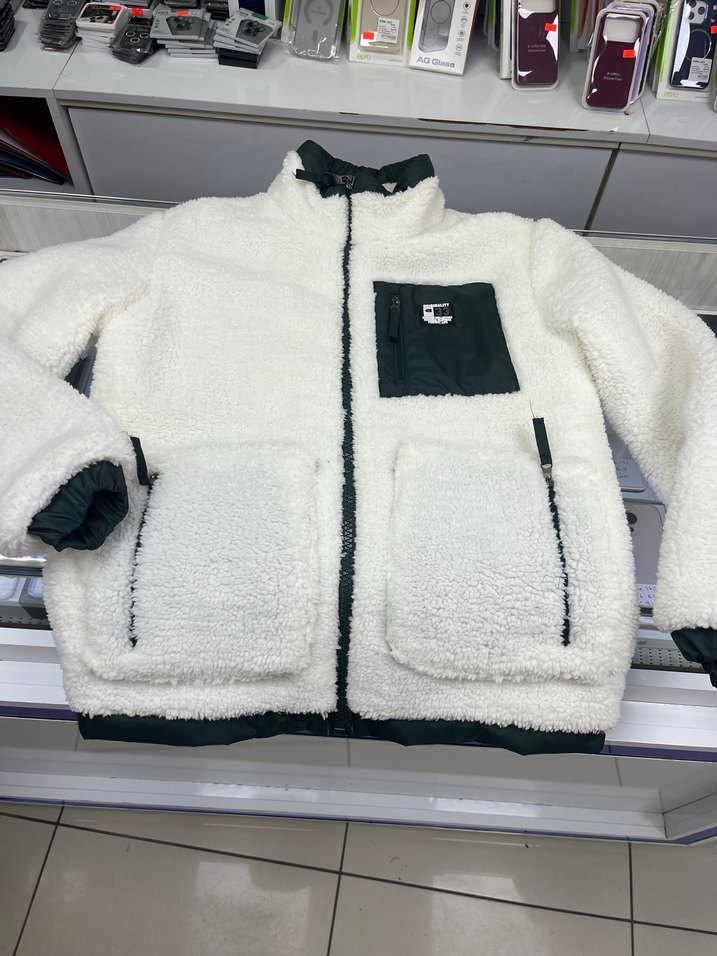 Uzun Kollu, Yüksek Yakalı Erkek Gri-Beyaz Polar Ceket - Görsel 2