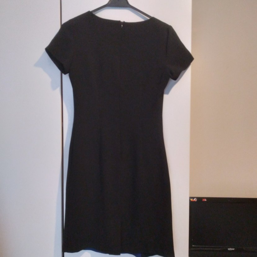 V Yaka Kemerli Mavi Siyah Kalem Elbise - Görsel 3