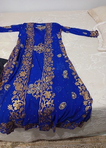 Mavi İşlemeli Uzun Kol V Yakalı Kadın Hint Elbisesi - Görsel 2