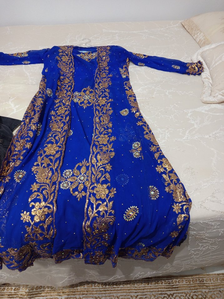 Mavi İşlemeli Uzun Kol V Yakalı Kadın Hint Elbisesi - Görsel 2