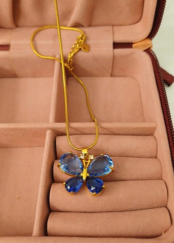 Çelik Zincir Detaylı Mavi Kelebek Kolye - Görsel 4