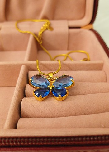 Çelik Zincir Detaylı Mavi Kelebek Kolye - Görsel 8