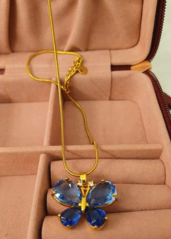 Çelik Zincir Detaylı Mavi Kelebek Kolye - Görsel 6