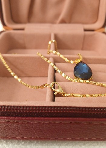 Lüks Çelik Damla Model Lacivert Zirkon Taşlı Altın Renkli Kolye - Görsel 17
