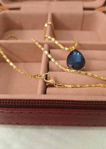Lüks Çelik Damla Model Lacivert Zirkon Taşlı Altın Renkli Kolye - Görsel 12