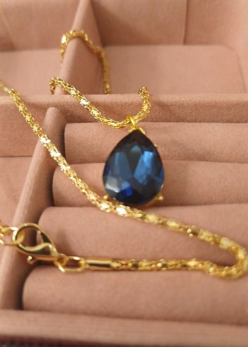 Lüks Çelik Damla Model Lacivert Zirkon Taşlı Altın Renkli Kolye - Görsel 14