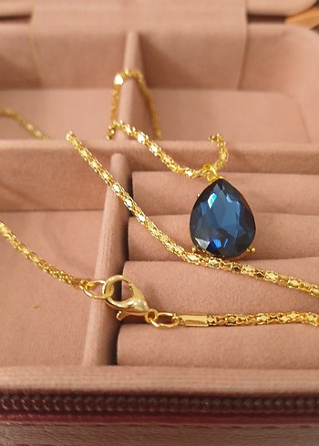 Lüks Çelik Damla Model Lacivert Zirkon Taşlı Altın Renkli Kolye - Görsel 18