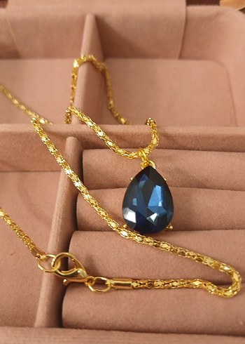 Lüks Çelik Damla Model Lacivert Zirkon Taşlı Altın Renkli Kolye - Görsel 5