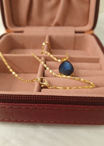 Lüks Çelik Damla Model Lacivert Zirkon Taşlı Altın Renkli Kolye - Görsel 2