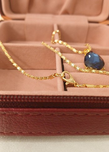 Lüks Çelik Damla Model Lacivert Zirkon Taşlı Altın Renkli Kolye - Görsel 9