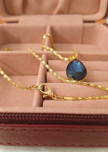 Lüks Çelik Damla Model Lacivert Zirkon Taşlı Altın Renkli Kolye - Görsel 16