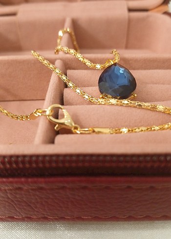 Lüks Çelik Damla Model Lacivert Zirkon Taşlı Altın Renkli Kolye - Görsel 10