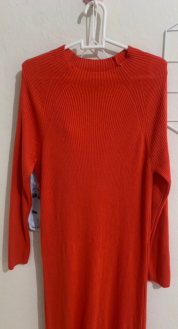 Kırmızı Triko Yüksek Yakalı Uzun Elbise - Görsel 3