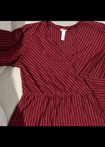 H&M Bordo Çizgili Kız Bluz, V Yaka, Uzun Kol - Görsel 5