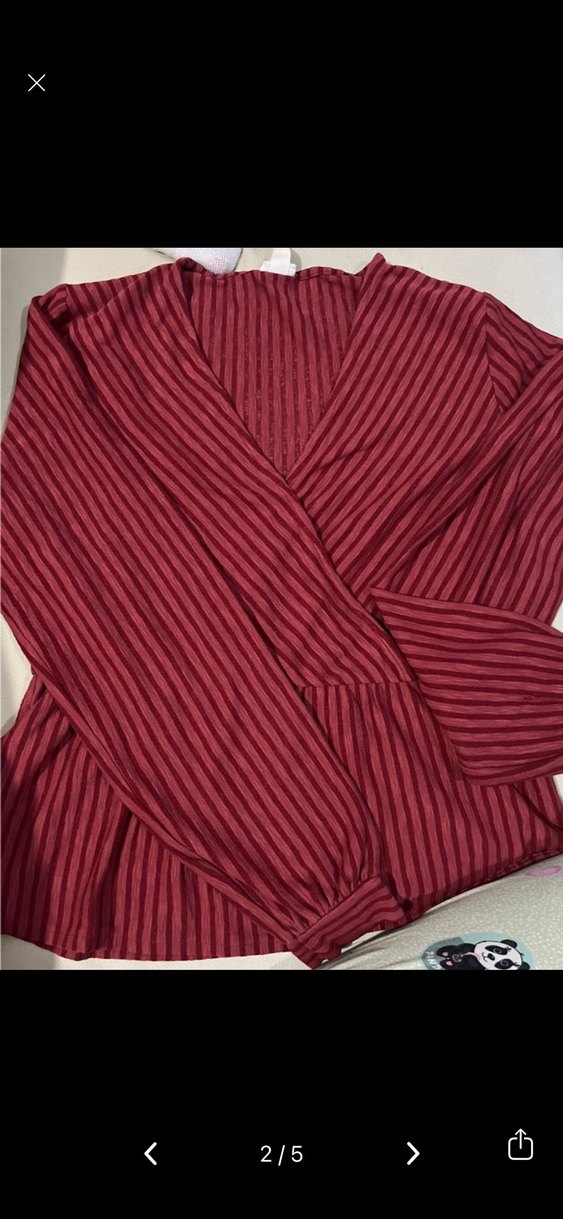 H&M Bordo Çizgili Kız Bluz, V Yaka, Uzun Kol - Görsel 2