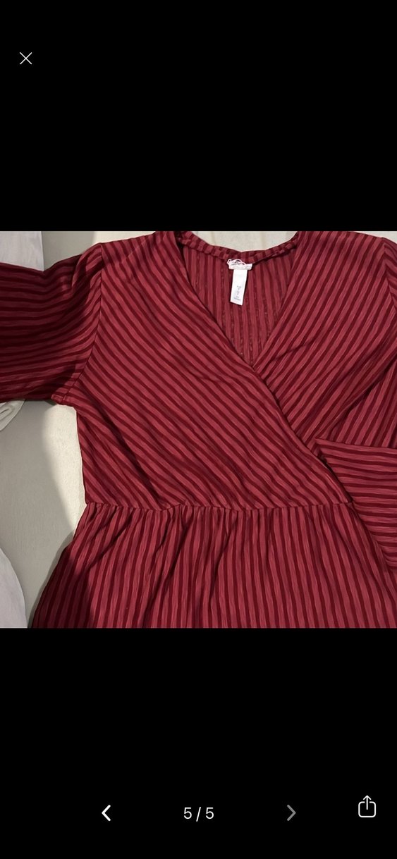 H&M Bordo Çizgili Kız Bluz, V Yaka, Uzun Kol - Görsel 5