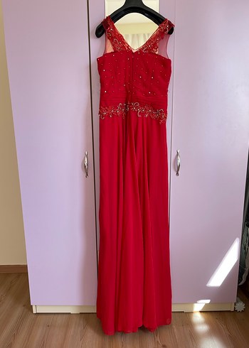 Kırmızı Nakışlı Uzun Abiye Elbise - Görsel 6