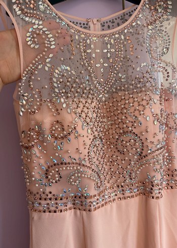 Pullu ve Nakış Detaylı Pembe Uzun Abiye Elbise - Görsel 3