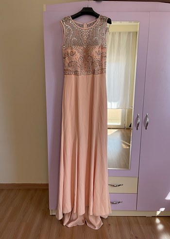 Pullu ve Nakış Detaylı Pembe Uzun Abiye Elbise - Görsel 5