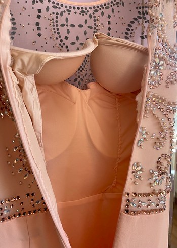 Pullu ve Nakış Detaylı Pembe Uzun Abiye Elbise - Görsel 7