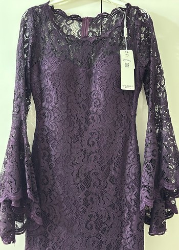 Uzun Kollu Mor Dantelli Gotik Abiye - Görsel 3