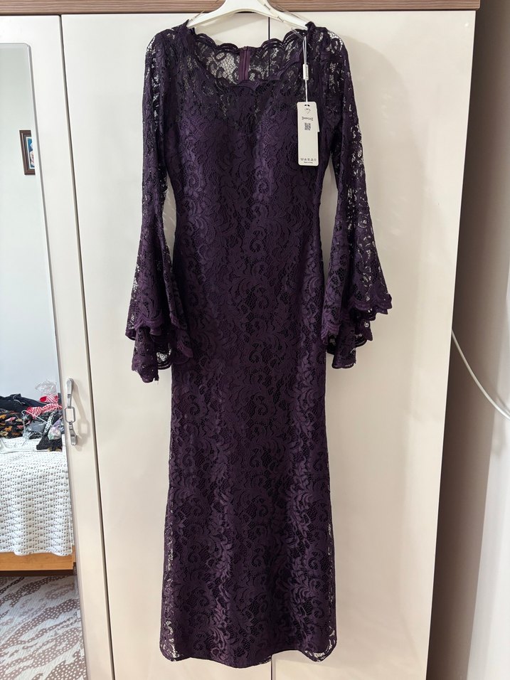 Uzun Kollu Mor Dantelli Gotik Abiye - Görsel 2