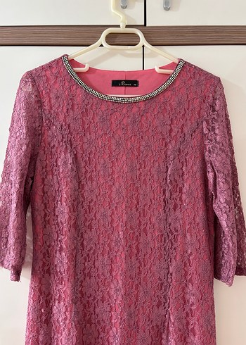 Dantel Detaylı Uzun Pembe Abiye Elbise - Görsel 4