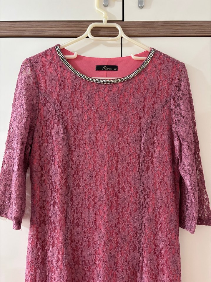 Dantel Detaylı Uzun Pembe Abiye Elbise - Görsel 4