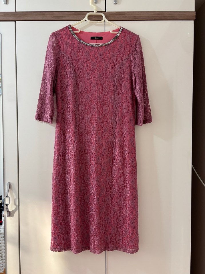 Dantel Detaylı Uzun Pembe Abiye Elbise - Görsel 2