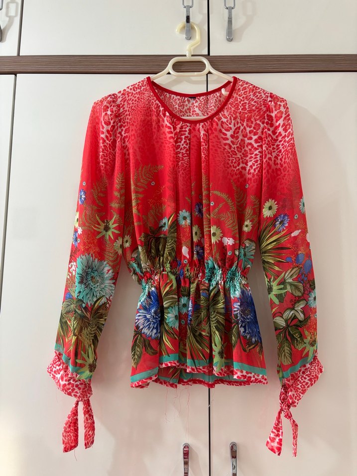 Renkli Desenli Bohem Uzun Kollu Bluz - Görsel 2