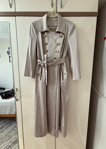 Bej Kadın Uzun Keten Trençkot - Görsel 4