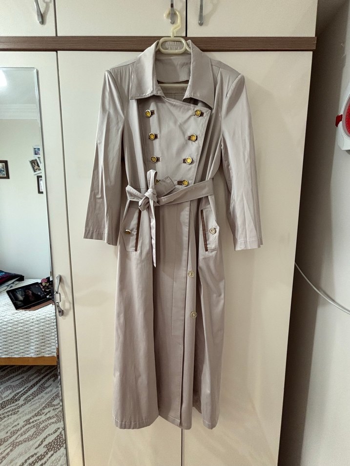 Bej Kadın Uzun Keten Trençkot - Görsel 4