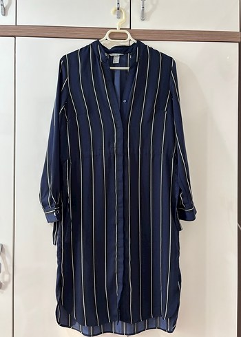 Lacivert Çizgili Uzun Kol Pliseli Kadın Gömlek - Görsel 3