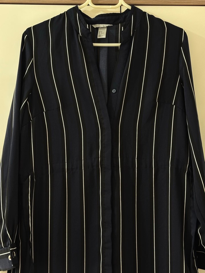 Lacivert Çizgili Uzun Kol Pliseli Kadın Gömlek - Görsel 2