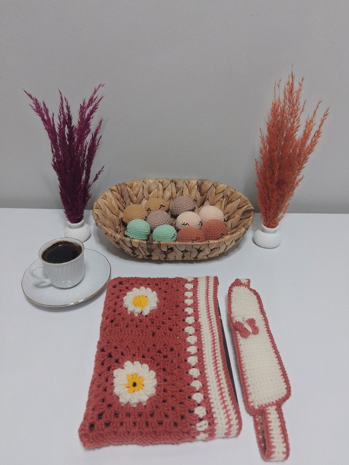 Çiçek Desenli Örgü Bohem Kadın Portföy Kitap Kabı - Görsel 5