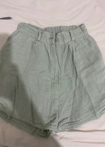 Kadın Bej Keten Yüksek Bel Mini Şort - Görsel 3