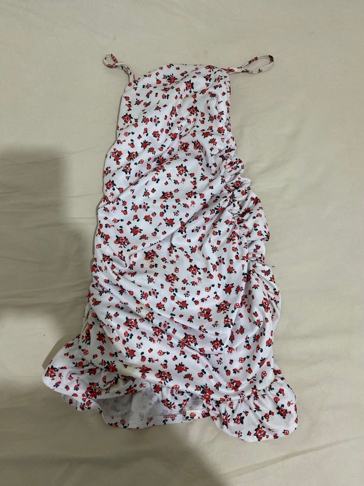 Beyaz Çiçek Desenli Drapeli Midi Elbise - Görsel 2