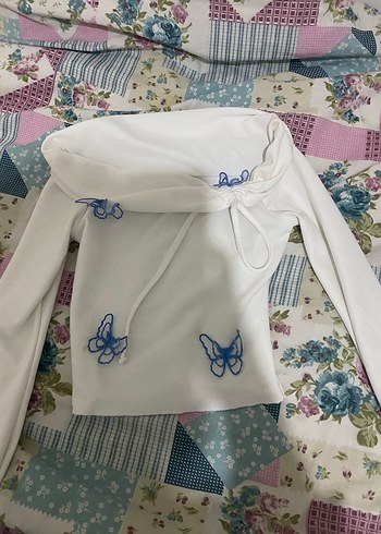 Nakışlı Beyaz Straplez Uzun Kollu Bluz - Görsel 2