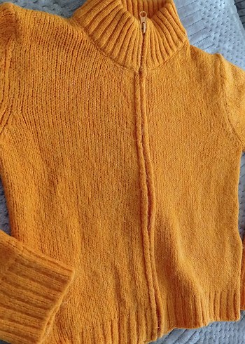 Parlak Turuncu Fermuarlı Örgü Kadın Kazak - Görsel 2