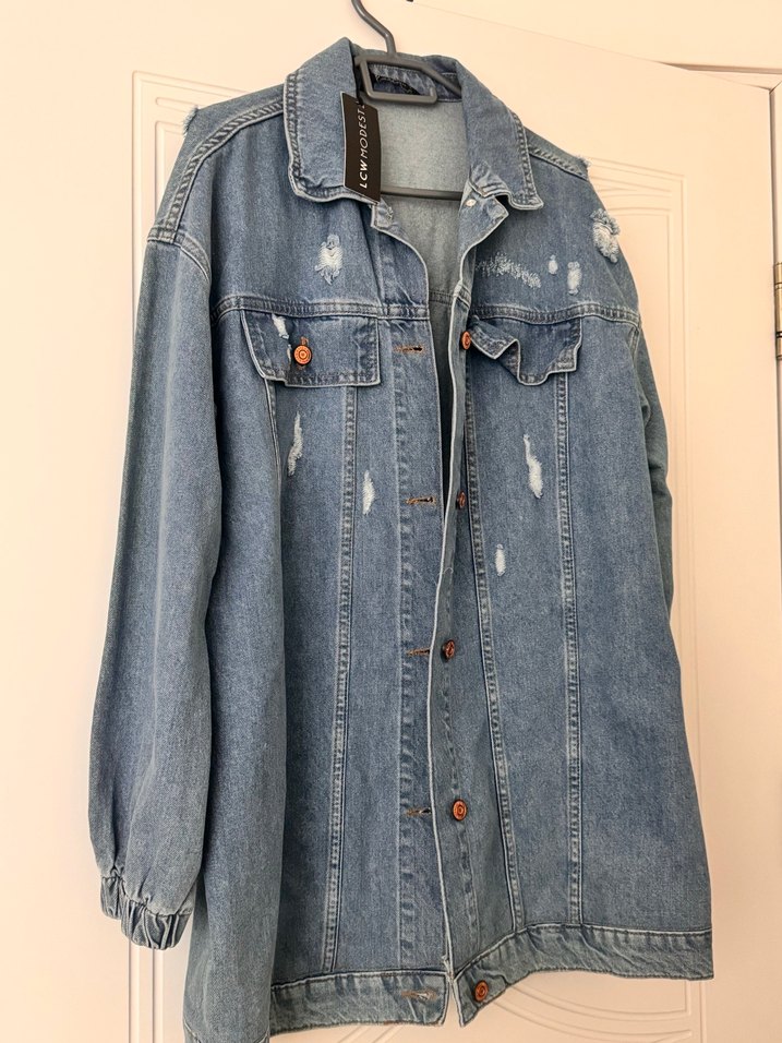 Düğmeli Gri Mavi Midi Denim Ceket - Görsel 2