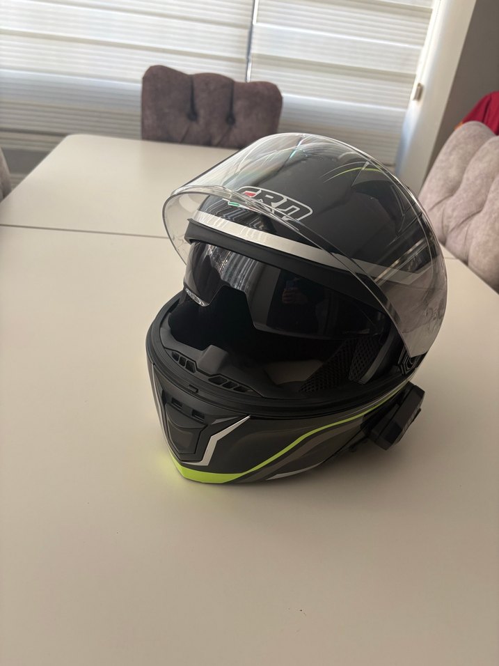 Gri-Yeşil Baskılı Motosiklet Kaskı Velcro - Görsel 2