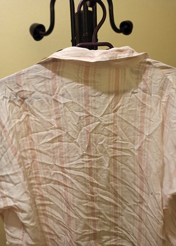 pudra pembe beyaz Kadın Keten Gömlek - Görsel 4